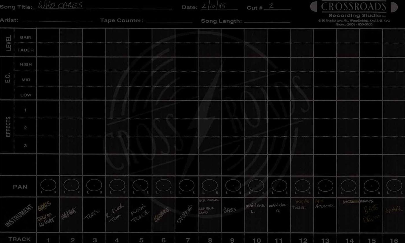 Crossroads Studio track sheet for "Who Cares"